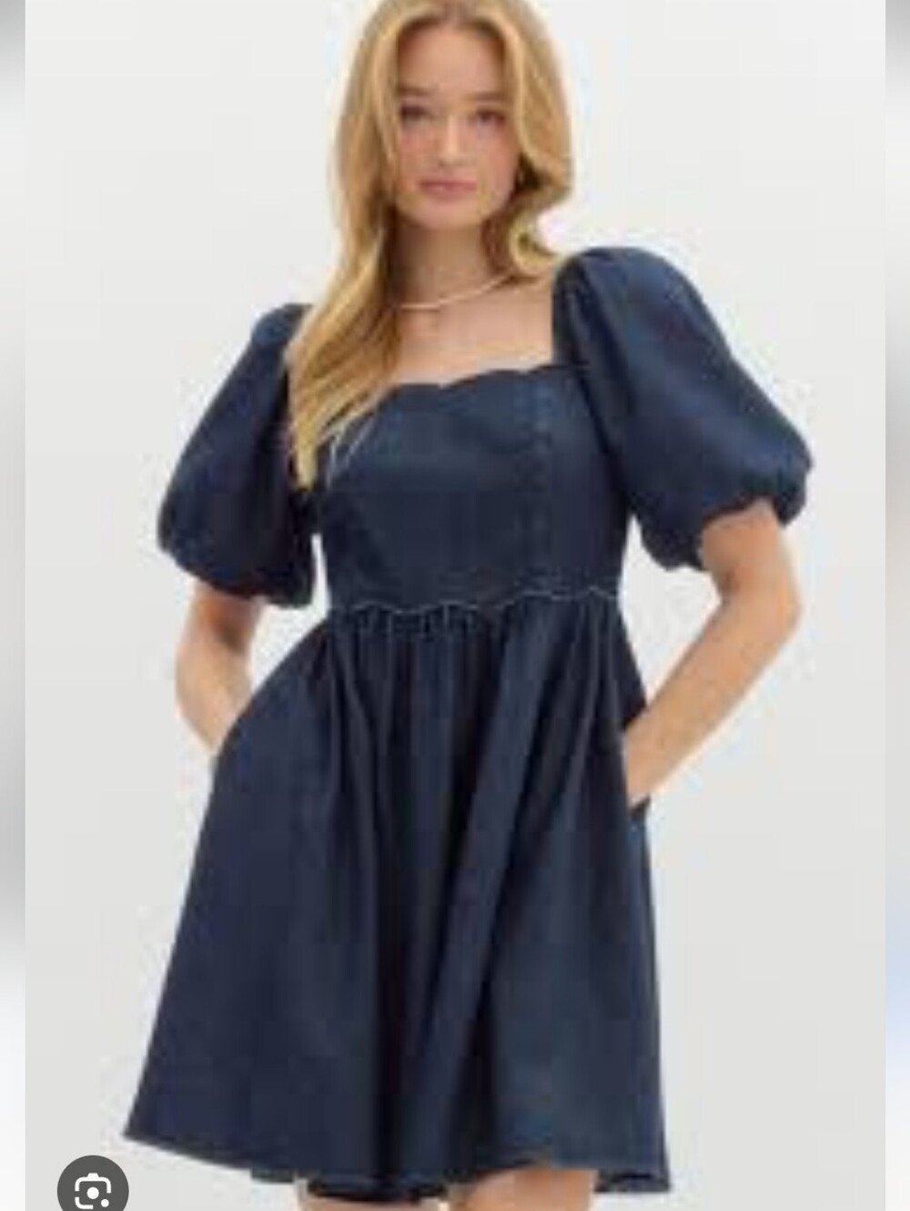 Entro Denim Babydoll Mini Dress M Blue Scalloped Neck Puff Bubble Sleeve Pockets - Picture 3 of 9
